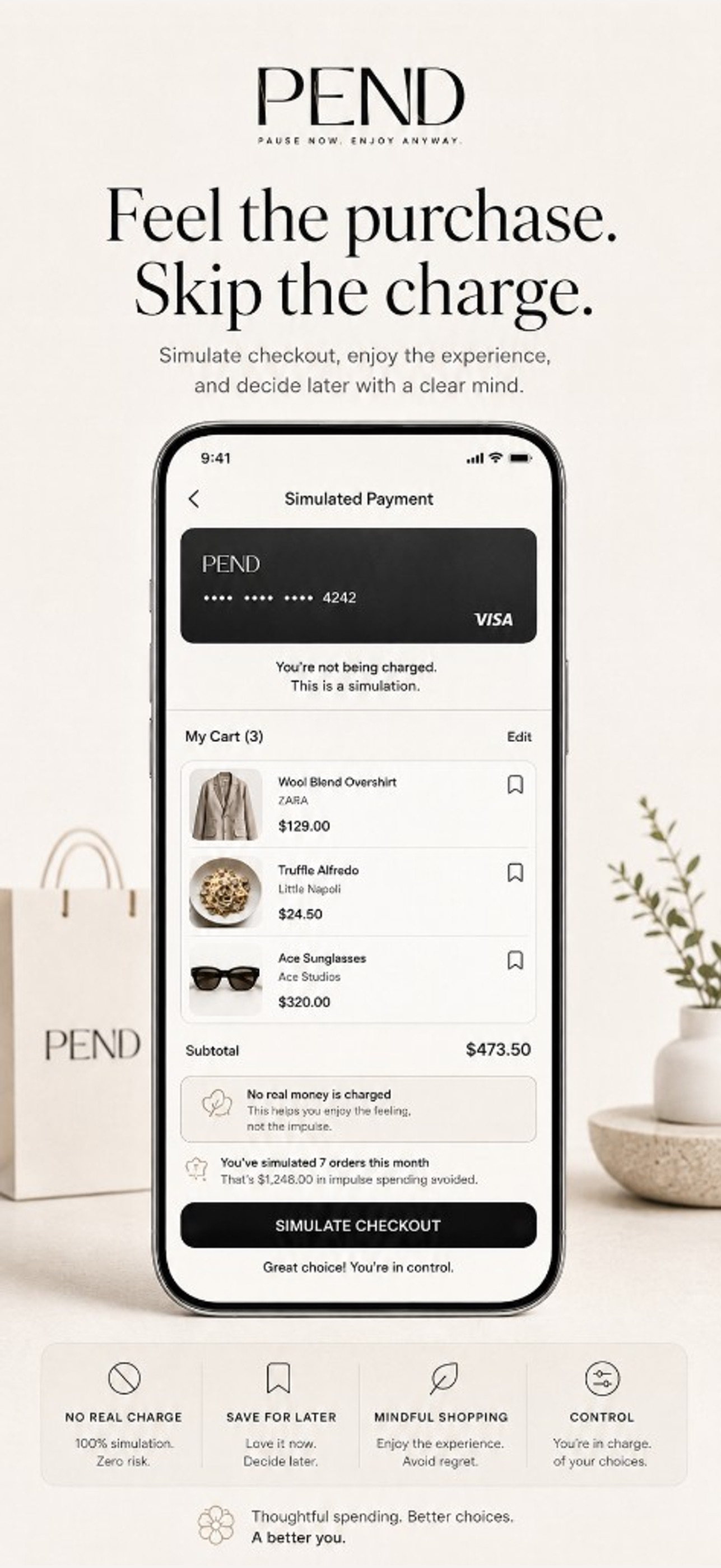 PEND — simulated checkout with no real charge